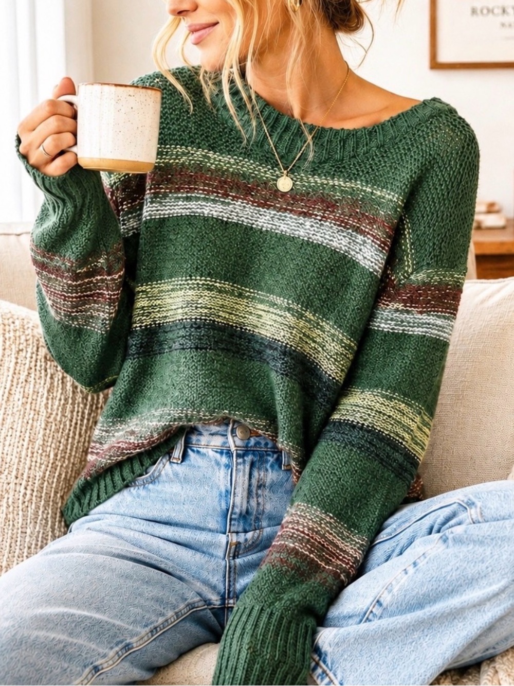 Target Cozy Oversized Chunky Knit Sweater Tagged Size X Green Stripe